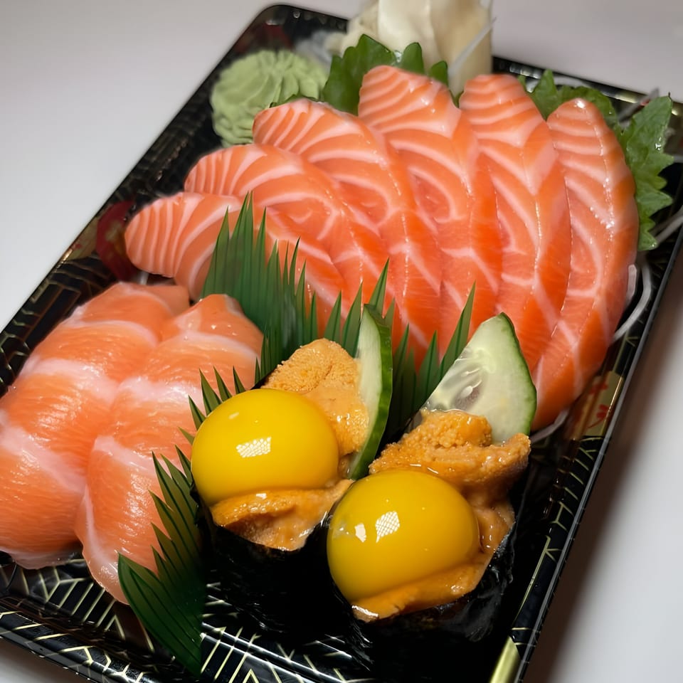 A sushi platter with salmon sashimi, salmon nigiri, and sea urchin gunkan with quail egg.